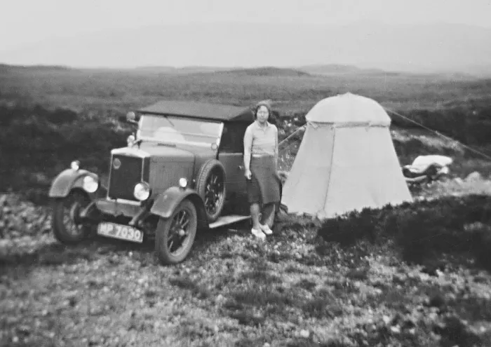 Framed Print : Woman with tent and car, Isle of Skye, Scotland Framed Print : Woman with tent and car, Isle of Skye, Scotland