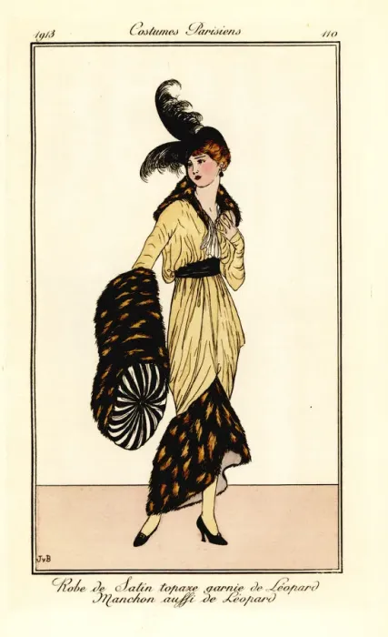 Framed Print : Woman in topaz satin dress trimmed with leopard fur, 1913 Framed Print : Woman in topaz satin dress trimmed with leopard fur, 1913