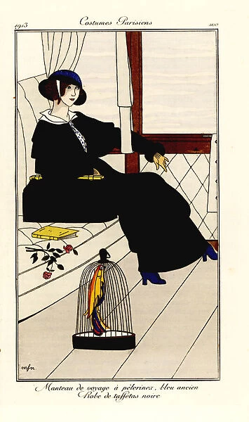 Woman in a train in pelerinex jacket and taffeta dress, 1913