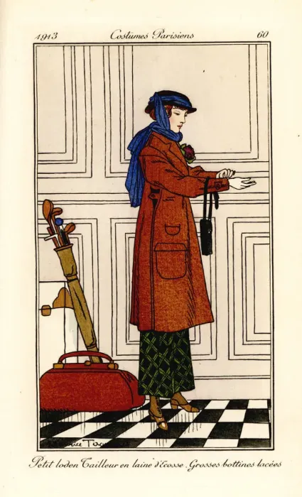 Framed Print : Woman in tweed coat, check skirt and high laced Framed Print : Woman in tweed coat, check skirt and high laced