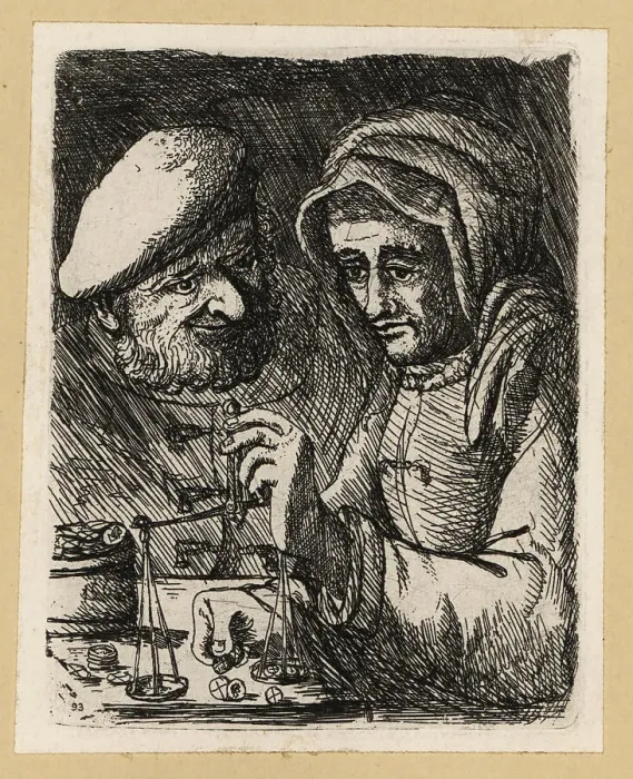 Framed Print : Woman in veil with balance scales, watched by a bearded man, Sco Framed Print : Woman in veil with balance scales, watched by a bearded man, Sco