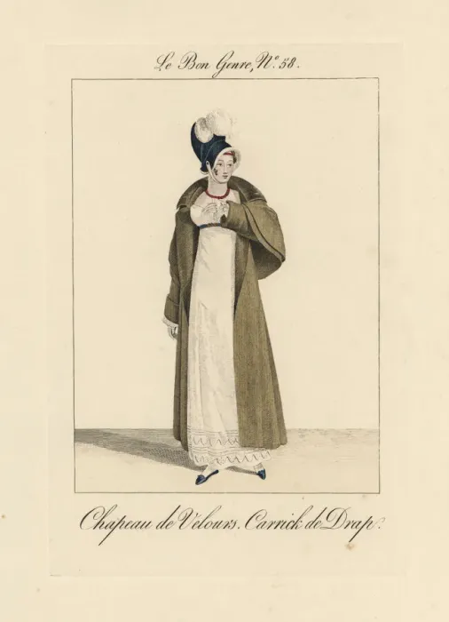 Framed Print : Woman in velvet bonnet and long carrick coat with pelerines Framed Print : Woman in velvet bonnet and long carrick coat with pelerines