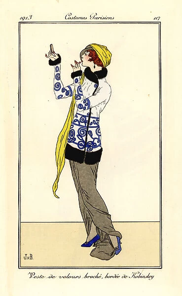 Woman in velvet waistcoat with Kolinski fur trim, 1913