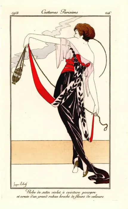 Framed Print : Woman in violet satin dress with purple sash, 1913