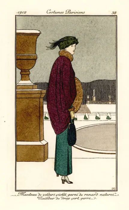 Framed Print : Woman in violet velvet cape trimmed with fox fur, green suit Framed Print : Woman in violet velvet cape trimmed with fox fur, green suit