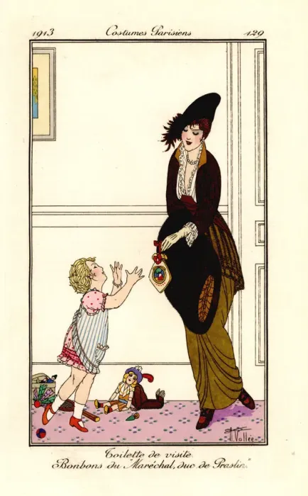 Framed Print : Woman in visiting outfit with fur muff giving sweets Framed Print : Woman in visiting outfit with fur muff giving sweets