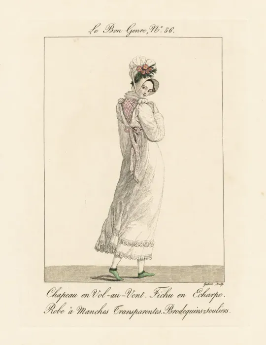 Framed Print : Woman in vol-au-vent bonnet and dress with Framed Print : Woman in vol-au-vent bonnet and dress with