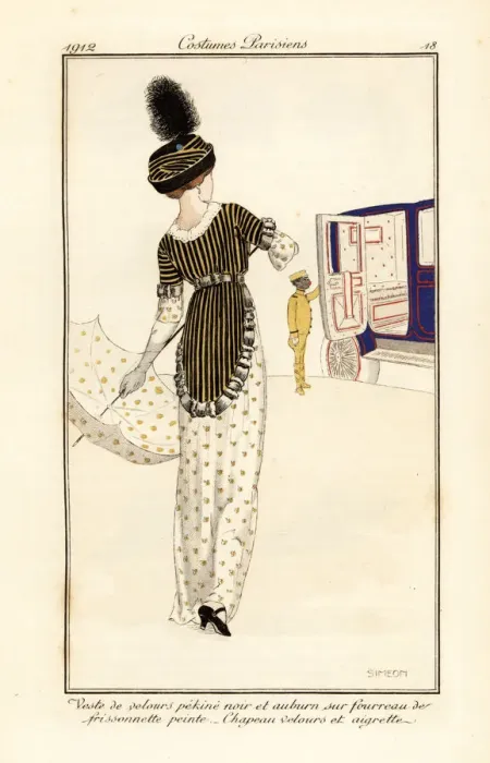 Framed Print : Woman in waistcoat of pekine velvet over a printed Framed Print : Woman in waistcoat of pekine velvet over a printed