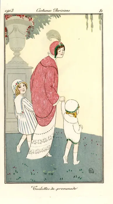 Framed Print : Woman in walking dress with children in a park Framed Print : Woman in walking dress with children in a park
