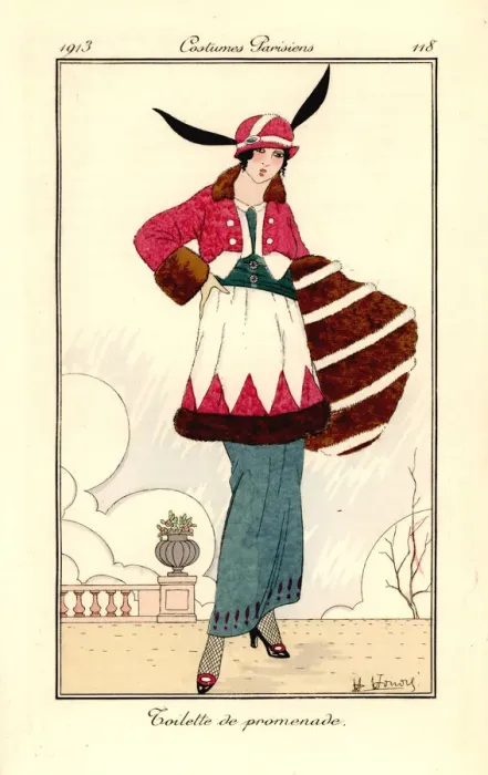 Framed Print : Woman in walking outfit of fur-trimmed jacket, tunic Framed Print : Woman in walking outfit of fur-trimmed jacket, tunic