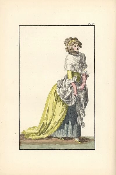Woman wearing a dress of English silk with