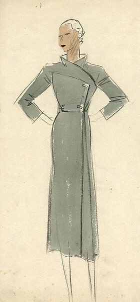 Woman wearing grey wrap-around coat 1930