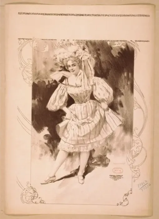 Framed Print : Woman wearing large hat and short skirted dress, holding up Framed Print : Woman wearing large hat and short skirted dress, holding up