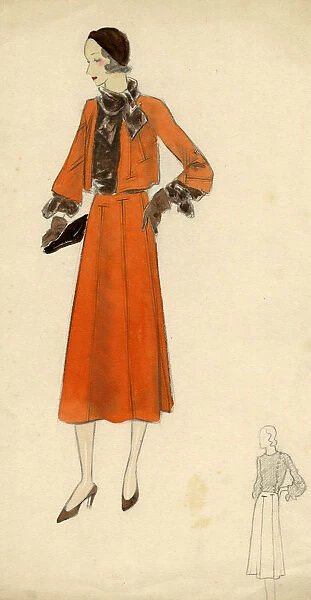 Woman wearing orange skirt and jacket 1930s