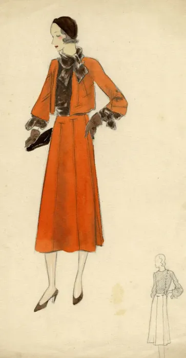 Framed Print : Woman wearing orange skirt and jacket 1930s Framed Print : Woman wearing orange skirt and jacket 1930s