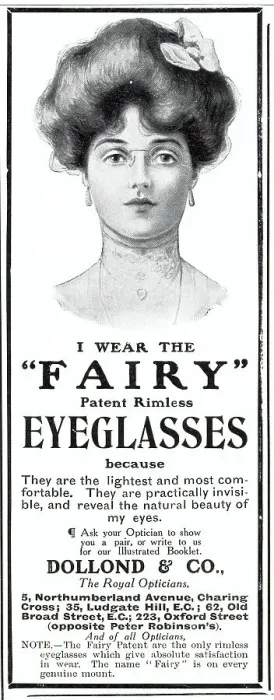 Framed Print : Woman wearing patent Fairy eyeglasses, dainty, light, comfortable and rimless specs. Date: 1907