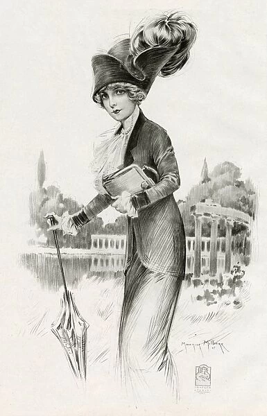 Woman wearing smart suit with jabot ruffles 1912