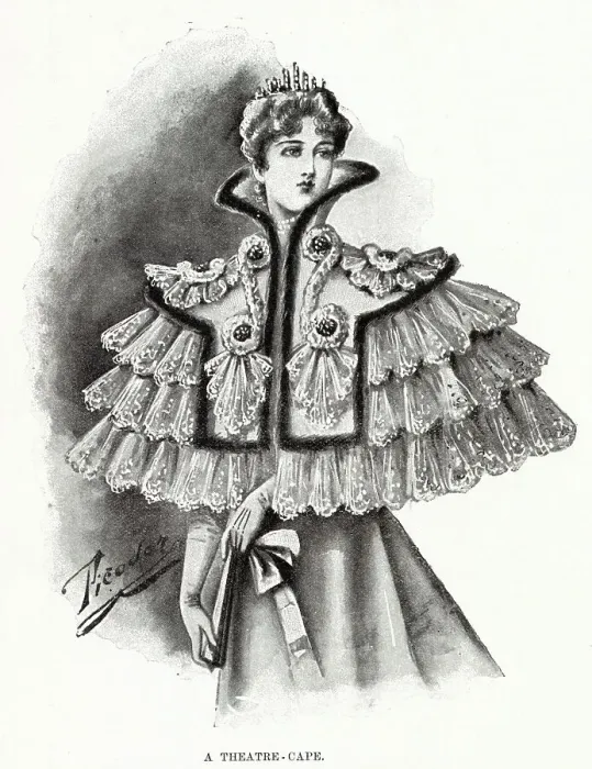 Framed Print : Woman wearing a white old point lace cape with collar, with choux of pale green and pale blue velvet. Date: 1896 Framed Print : Woman wearing a white old point lace cape with collar, with choux of pale green and pale blue velvet. Date: 1896