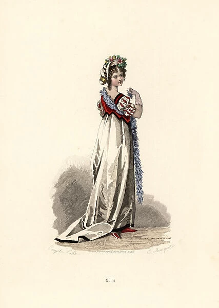 Woman in white dress with black velvet trim