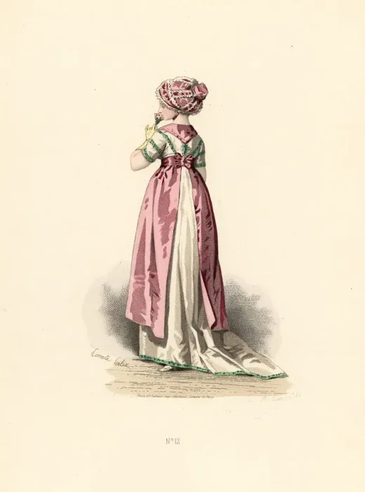 Framed Print : Woman in white dress and corsage with green trim, pink apron Framed Print : Woman in white dress and corsage with green trim, pink apron