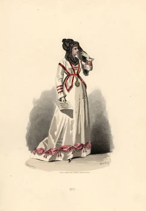 Framed Print : Woman in white dress ornamented with pink bouffants