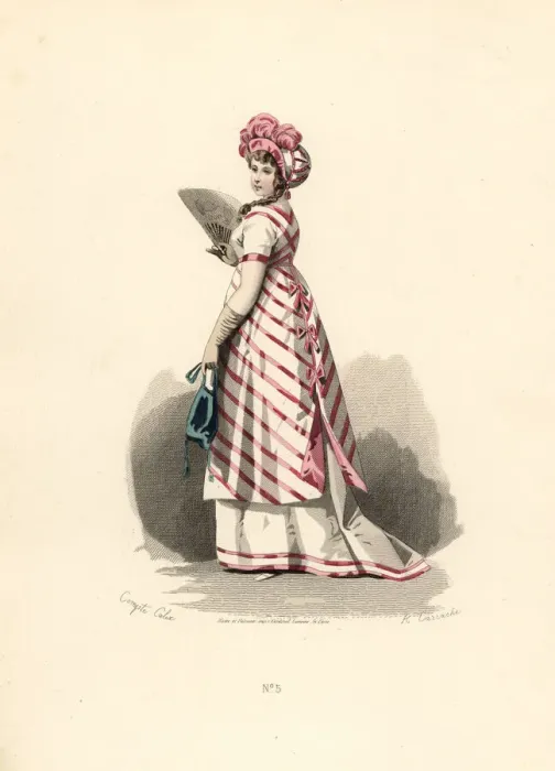 Framed Print : Woman in white dress with pink trim, striped apron Framed Print : Woman in white dress with pink trim, striped apron