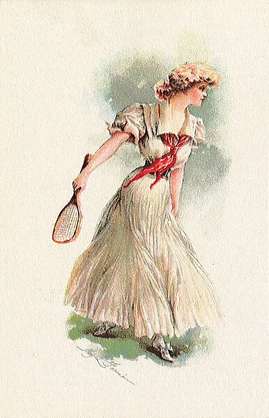 Woman in white dress and red scarf with tennis racquet Date: 1905