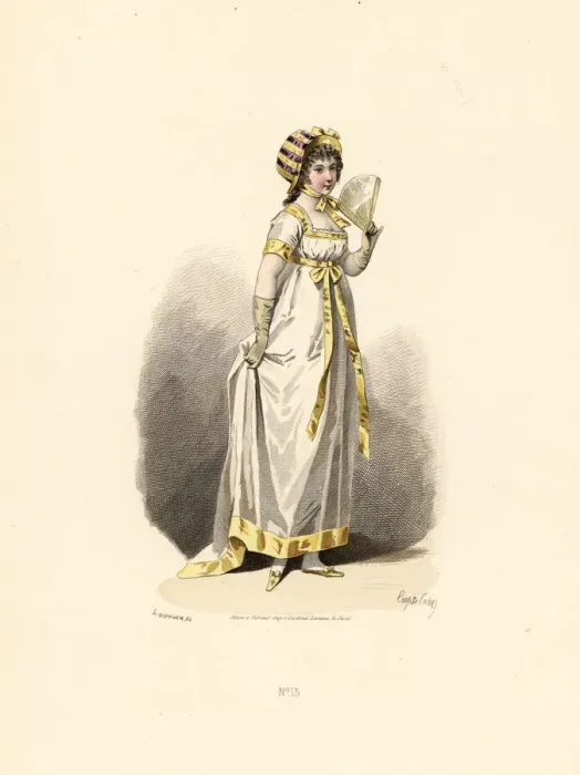 Framed Print : Woman in white dress with yellow trim with fan Framed Print : Woman in white dress with yellow trim with fan
