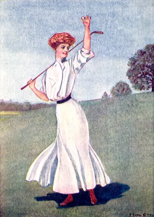 Framed Print : Woman in white holding up tiny golf ball of the golf course Date: 1905 Framed Print : Woman in white holding up tiny golf ball of the golf course Date: 1905