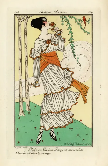 Framed Print : Woman in white and orange chiffon dress for a garden party Framed Print : Woman in white and orange chiffon dress for a garden party