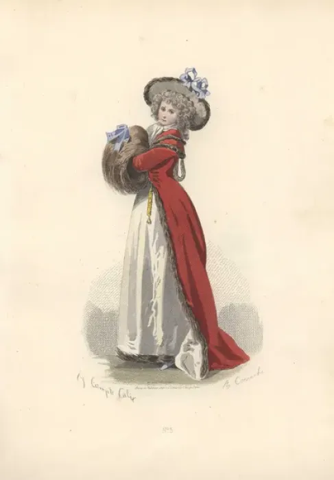 Framed Print : Woman in wig and bonnet, long crimson coat Framed Print : Woman in wig and bonnet, long crimson coat