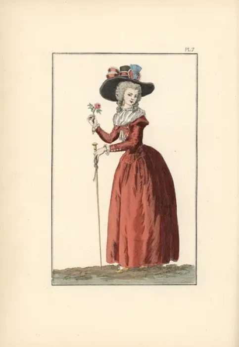 Framed Print : A woman in wine-coloured redingote, holding Framed Print : A woman in wine-coloured redingote, holding
