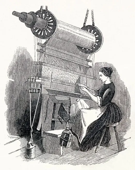 Framed Print : Woman Working a Foot Pedalled Power Loom 1854 Framed Print : Woman Working a Foot Pedalled Power Loom 1854