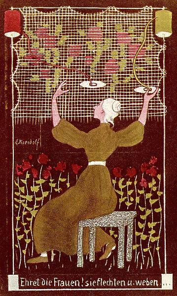 WOMAN WORKING TAPESTRY