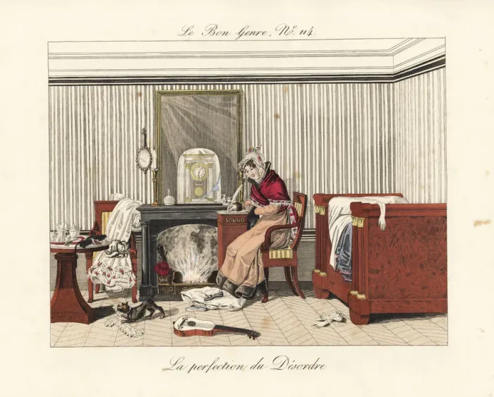 Framed Print : A woman writes a letter on a somno in a messy Framed Print : A woman writes a letter on a somno in a messy