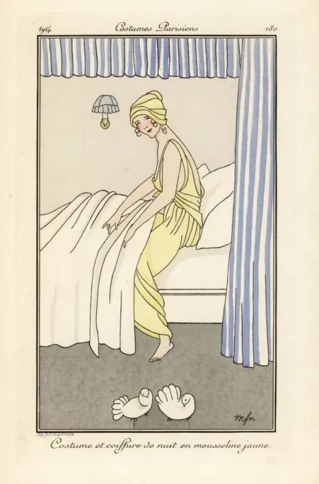 Framed Print : Woman in yellow chiffon night gown and hat getting into bed Framed Print : Woman in yellow chiffon night gown and hat getting into bed