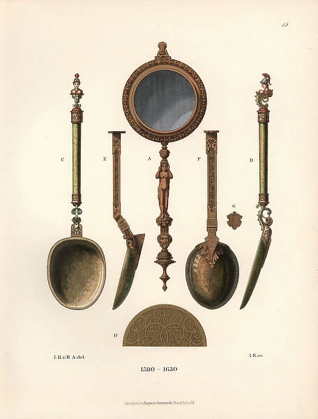 Womans hand mirror and gilded silver spoons