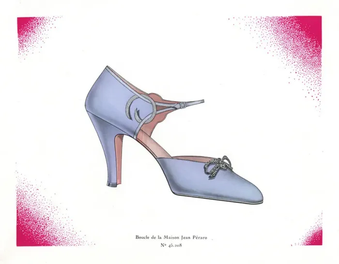 Framed Print : Womans high-heel strap shoe design in blue leather, 1930 Framed Print : Womans high-heel strap shoe design in blue leather, 1930