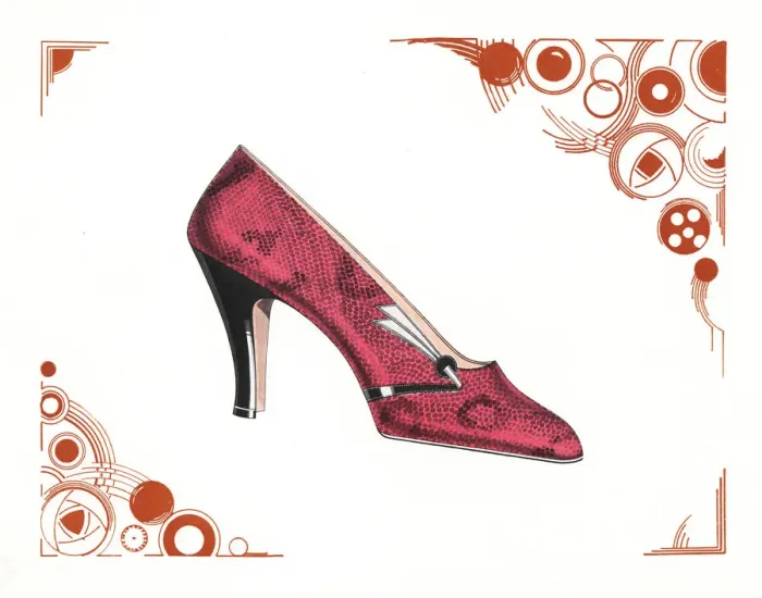 Framed Print : Womans shoe design in pink snakeskin leather, 1930