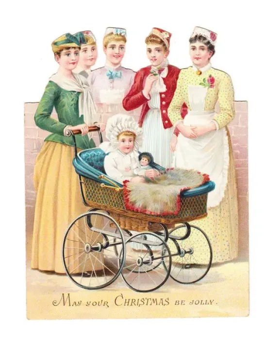 Framed Print : Five women with baby in pram on a cutout Christmas card Framed Print : Five women with baby in pram on a cutout Christmas card