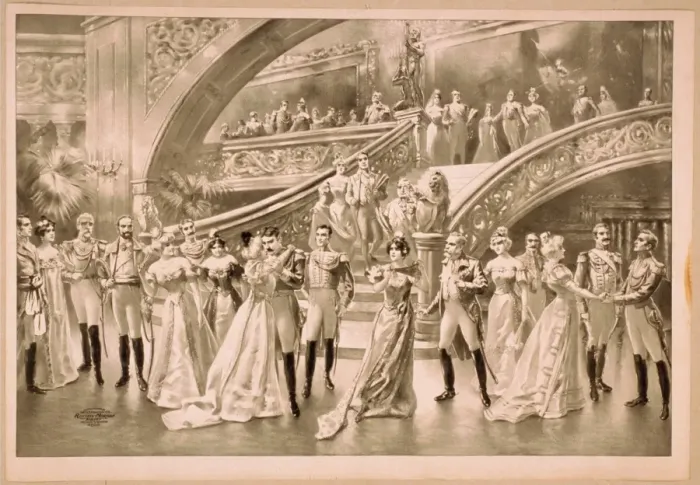 Framed Print : Women in ball gowns and men in military uniforms observing e Framed Print : Women in ball gowns and men in military uniforms observing e
