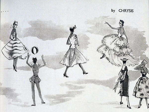 Women on a beach, illustrating the season's fashions. Date: 1954
