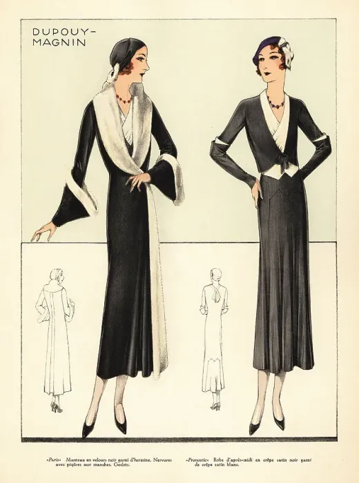 Framed Print : Women in black and white dress and coat by Dupouy-Magnin, 1931 Framed Print : Women in black and white dress and coat by Dupouy-Magnin, 1931
