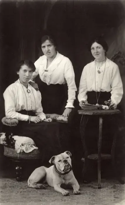 Framed Print : Three women with a Bulldog Framed Print : Three women with a Bulldog