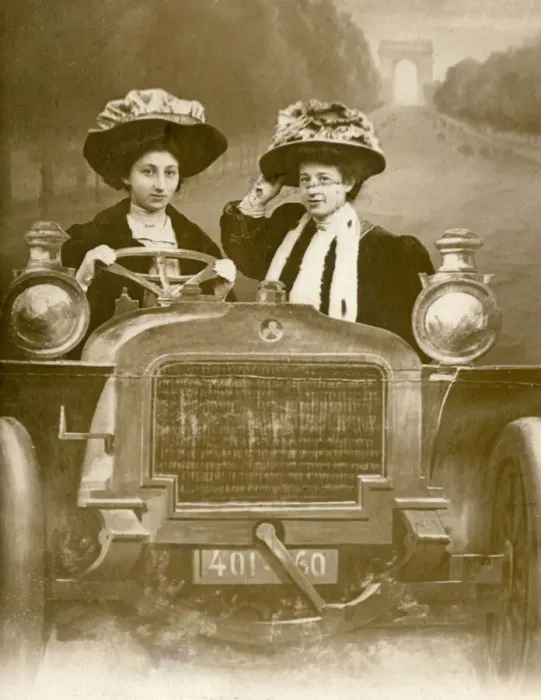 Framed Print : Two women in a car in a studio portrait, Paris Framed Print : Two women in a car in a studio portrait, Paris