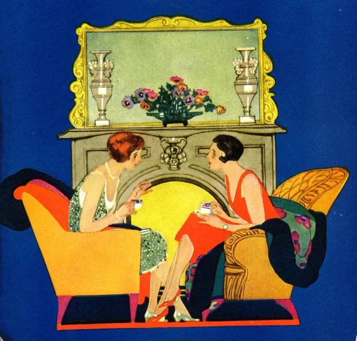 Framed Print : Two women chatting at the fireside Framed Print : Two women chatting at the fireside