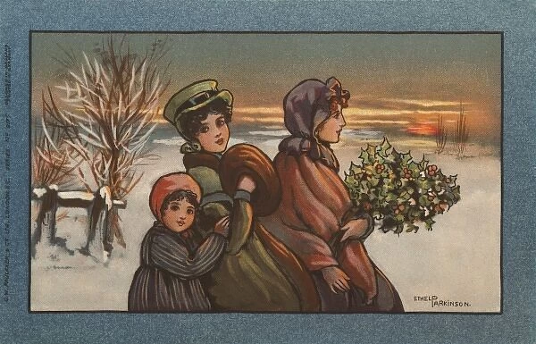 Two women and a child in a snowy landscape