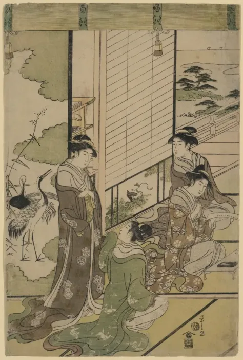 Framed Print : Four women composing poetry, possibly as a competition, next Framed Print : Four women composing poetry, possibly as a competition, next