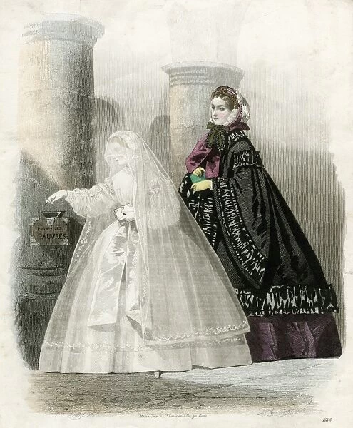 Two women in crinoline costume in a church