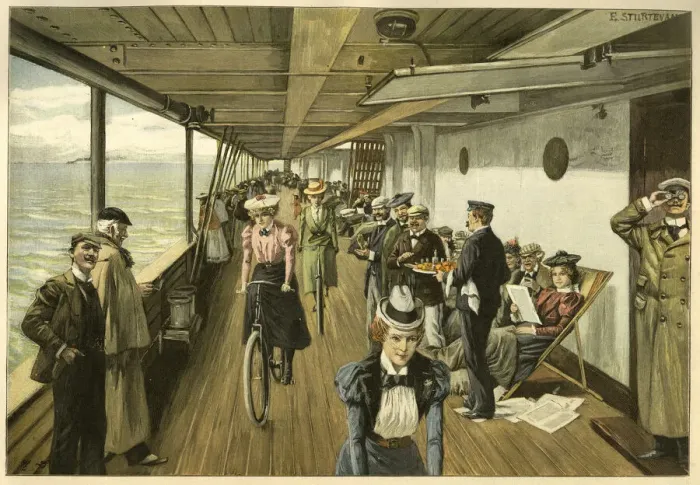 Framed Print : Women cycling on board a ship Framed Print : Women cycling on board a ship